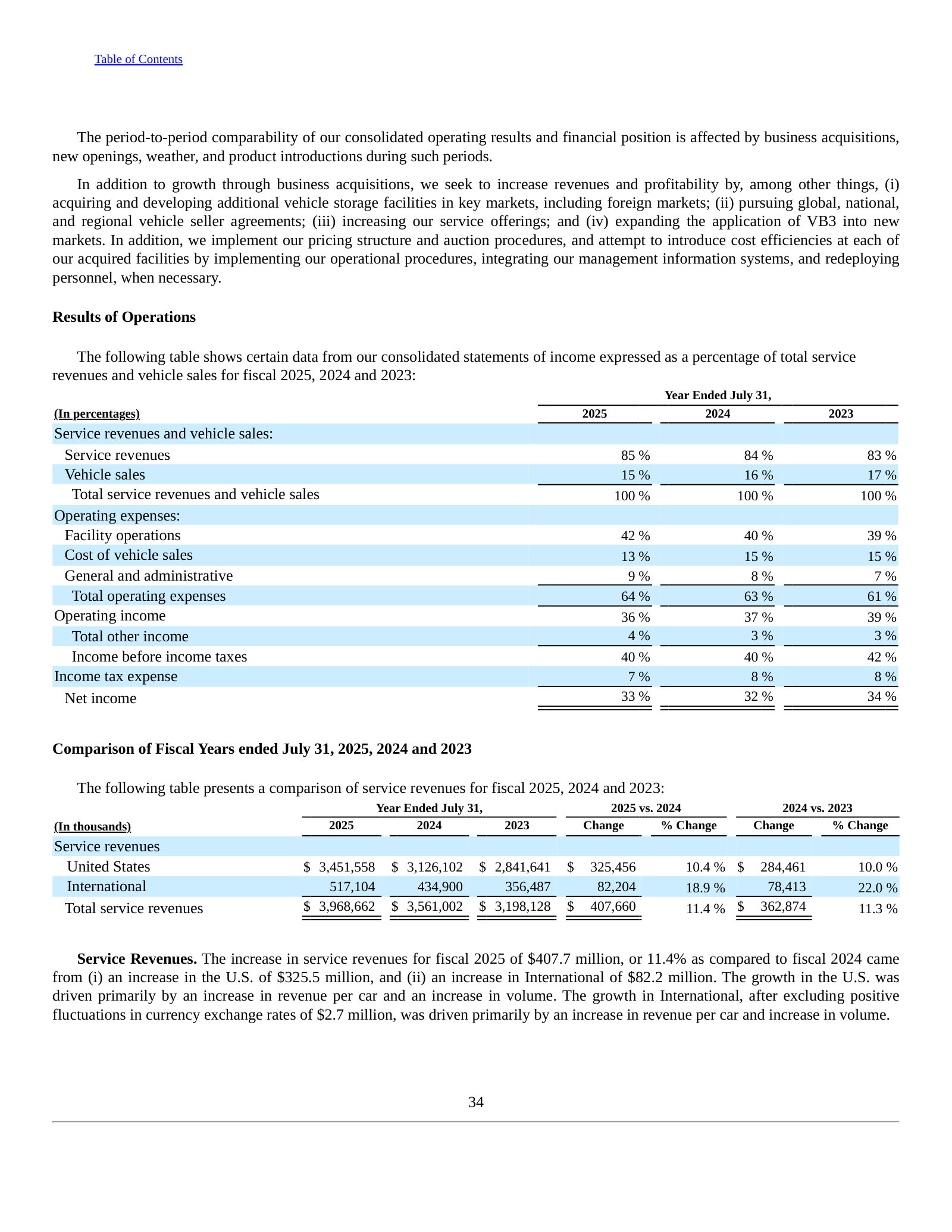 Income statement as a % of revenue, FY2023–FY2025: service 85%, operating margin 36%.