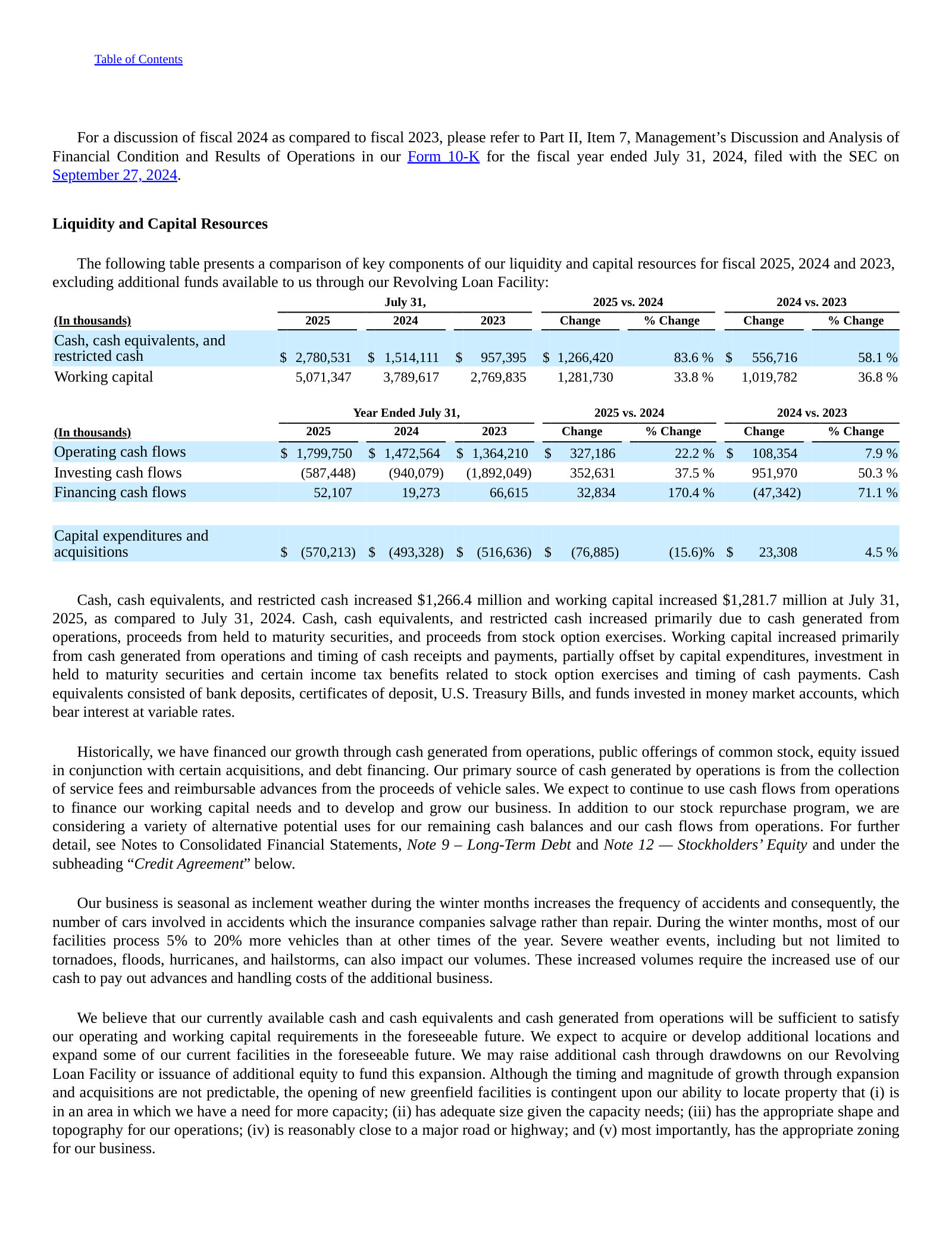Liquidity and cash-flow bridge, FY2023–FY2025: operating cash flow $1.8B, cash up to $2.78B.
